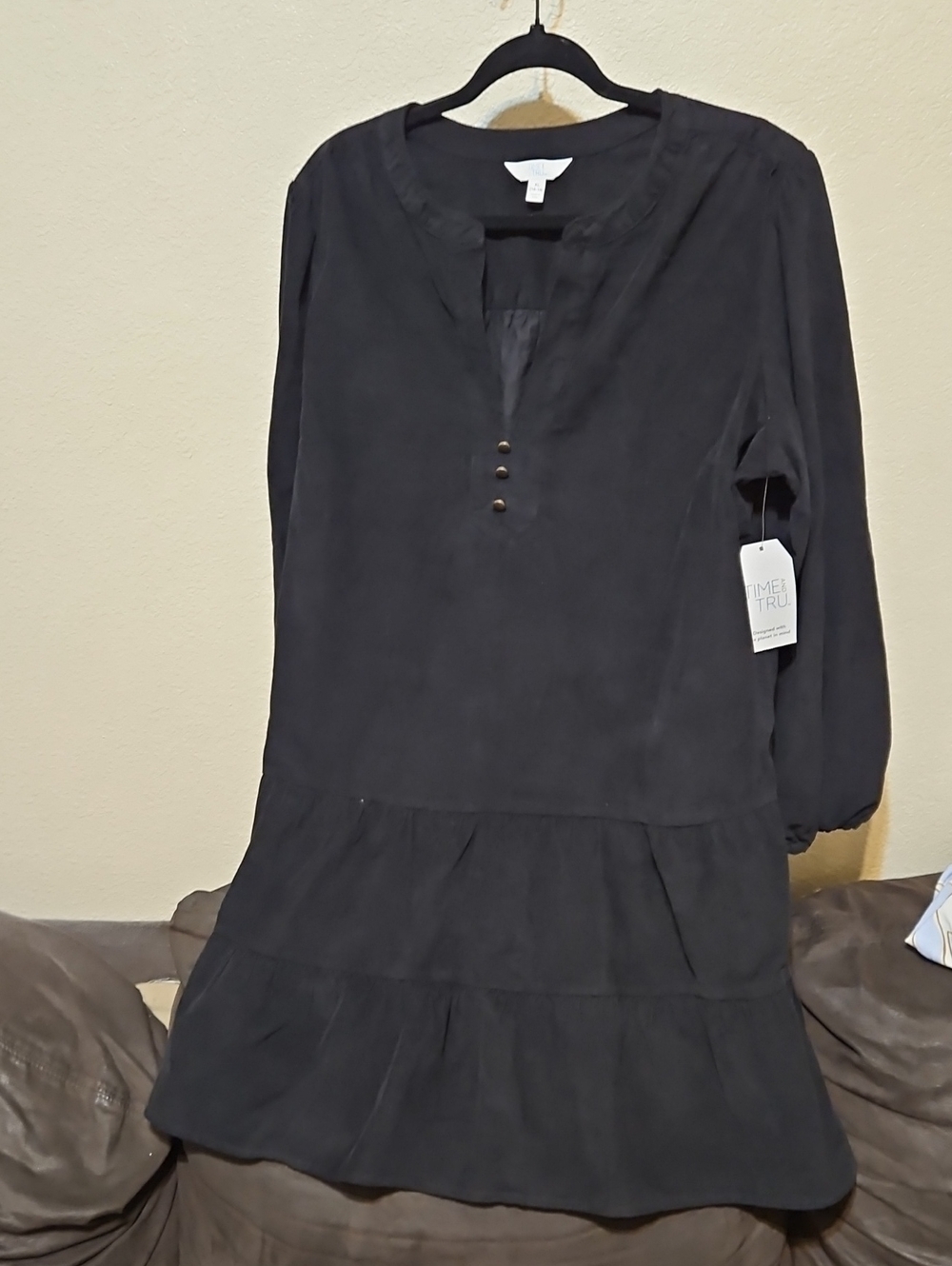 Time and Tru Black Long Sleeve Corduroy Tiered Tunic Dress with Button Placket